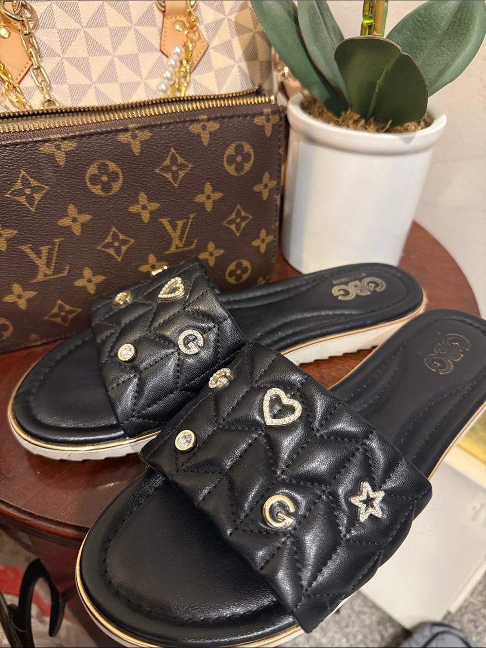 GBG Guess flats Quilted Black Slide Sandals Gold Accents bling designer